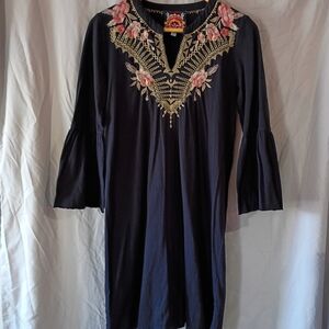 Johnny Was Navy Top with Pink and Gold Embroidered Crest